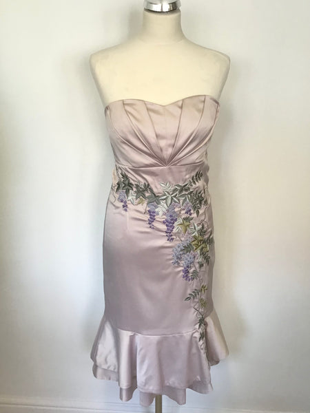 KAREN MILLEN PALE LILAC EMBROIDERED SILK STRAPLESS SPECIAL OCCASION DRESS SIZE 12