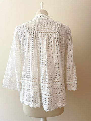 WHISTLES WHITE COTTON BROIDERY ANGLAISE 3/4 SLEEVE TOP SIZE 12