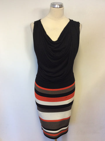 KAREN MILLEN BLACK DRAPE TOP WITH STRIPED SKIRT DRESS SIZE 2 UK 10
