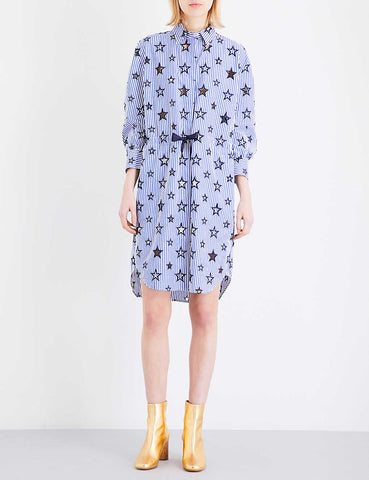 BRAND NEW SANDRO PARIS BLUE & WHITE STRIPE EMBROIDERED STAR SHIRT DRESS SIZE 1 UK S