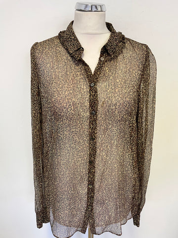 JIGSAW 100% SILK BROWN PRINT COLLARED LONG SLEEVED BLOUSE SIZE 12