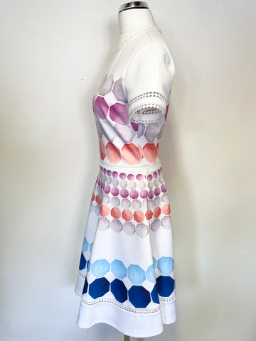 TED BAKER MYLEY MARINA WHITE MOSAIC PRINT SHORT SLEEVE SHATER DRESS SIZE 1 UK 8/10