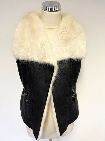 MINT VELVET BLACK FAUX SHEEPSKIN & IVORY FUR TRIM GILET SIZE 10