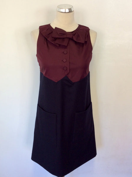 HOBBS NW3 NAVY & BURGUNDY SILK & WOOL BOW TRIM SHIFT DRESS SIZE 10