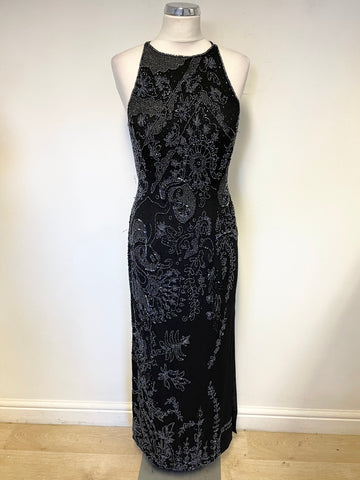 KALEIDOSCOPE BLACK EMBROIDERED & BEADED LONG EVENING DRESS SIZE 14