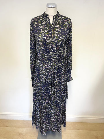 THE SHIRT COMPANY NAVY BLUE FLORAL PRINT LONG SLEEVED BELTED MIDI DRESS SIZE 8