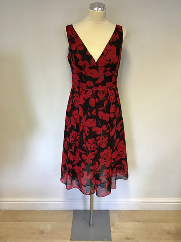 HOBBS BLACK & RED SILK FLORAL PRINT DRESS SIZE 10 & MATCHING RED SILK WRAP