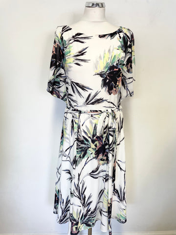 REISS NAOMI MULTI COLOURED PRINT COLD SHOULDER TIE BELT OCCASION  DRESS SIZE 14