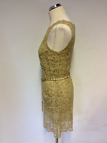DOLCE & GABBANA CAMEL BEIGE LACE & SILK CHAIN BELT DRESS SIZE 38 UK 6/8