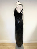 UNBRANDED BLACK SEQUINNED & BEAD TRIMMED SILK LONG EVENING DRESS SIZE 10
