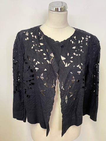 HOBBS NAVY BLUE LAZER CUT OUT FLORAL PATTERN CROPPED COTTON JACKET SIZE 14