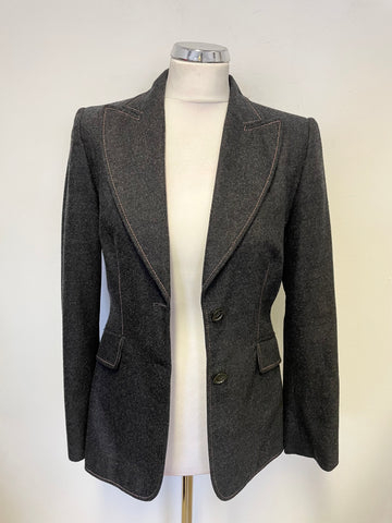 LK BENNETT GREY WOOL WITH PINK STITCH TRIM FITTED TAILORED JACKET SIZE 10