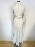 GANNI IVORY WITH BLACK PINSTRIPE SILK 3/4 SLEEVE WRAP DRESS SIZE 34 UK 6,8,10