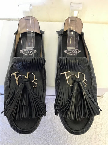 TODS BLACK LEATHER TASSEL TRIM MULES SIZE 5/38