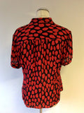 JAEGER BLACK & RED PRINT SILK TIE NECK SHORT SLEEVE BLOUSE SIZE 14