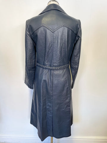 VINTAGE COUNTY PETROL BLUE LEATHER COAT SIZE UK 8/10