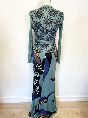 ISSA LONDON GREEN & MULTI COLOURED SILK LONG SLEEVE MAXI DRESS SIZE 8
