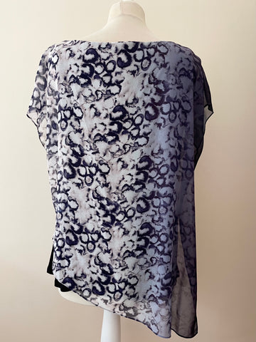 MINT VELVET BLACK & GREY PRINT DUAL LAYER ASYMETRIC CAP SLEEVE TOP SIZE 14