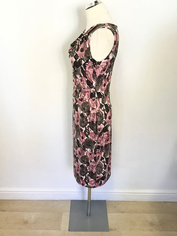 PHASE EIGHT PINK & BROWN FLORAL PRINT SLEEVELESS STRETCH PENCIL DRESS SIZE 12