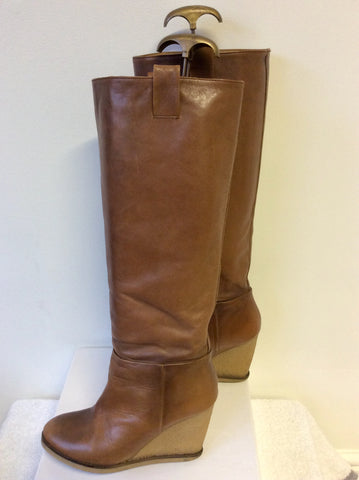 ZARA WOMAN TAN LEATHER WEDGE HEEL KNEE LENGTH BOOTS SIZE 5/38
