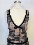 WHISTLES BLACK,GREY & BEIGE PRINT SILK FIT & FLARE SLEEVELESS DRESS SIZE 8