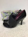 IRREGULAR CHOICE MUTINY BLACK PATENT LEATHER WITH COTTON PANEL TRIM HEELS SIZE 6/39