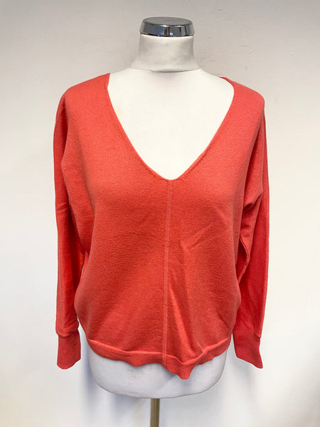 PURE COLLECTION CORAL COTTON & CASHMERE V NECK LONG SLEEVED JUMPER SIZE 12