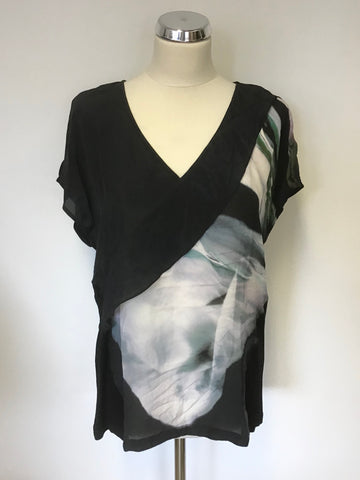 MINT VELVET BLACK WITH SILK FRONT SHORT SLEEVE TOP SIZE 14