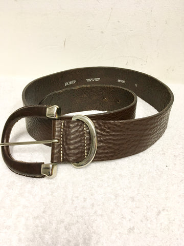 HOBBS BROWN EMBOSSED LEATHER LARGE D RING BUCKLE BELT SIZE S