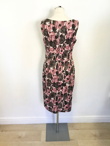 PHASE EIGHT PINK & BROWN FLORAL PRINT SLEEVELESS STRETCH PENCIL DRESS SIZE 12