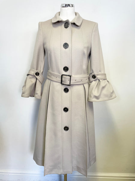 BURBERRY BEIGE WOOL & CASHMERE BLEND BELTED BELL CUFF COAT SIZE 8