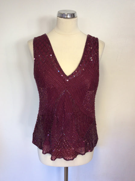 MONSOON BURGUNDY/WINE BEADED & SEQUINNED SLEEVELESS TOP SIZE 18