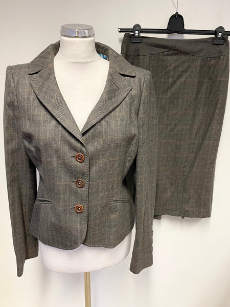LK BENNETT WOOL BROWN CHECK SILK LINED TAILORED SKIRT SUIT SIZE 10/12