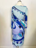 EMILIO PUCCI BLUE,LILAC & TURQOUISE SHADES PRINT 3/4 SLEEVE BELTED SPECIAL OCCASION DRESS SIZE 10