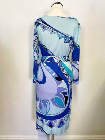 EMILIO PUCCI BLUE,LILAC & TURQOUISE SHADES PRINT 3/4 SLEEVE BELTED SPECIAL OCCASION DRESS SIZE 10