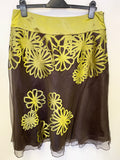 MONSOON SILK BROWN & LIME GREEN APPLIQUÉ WRAP AROUND TOP & A LINE SKIRT SIZE 14