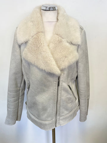 MINT VELVET LIGHT GREY FAUX FUR TRIM AVIATOR JACKET  SIZE 14