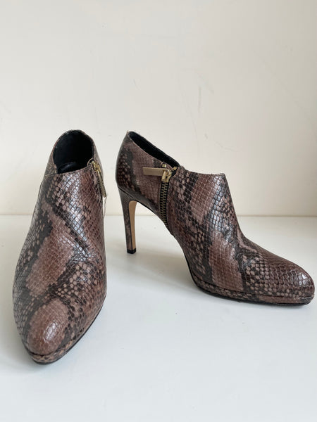 LK BENNETT BROWN SNAKESKIN LEATHER ZIP SIDE HEELS SIZE 3.5/36