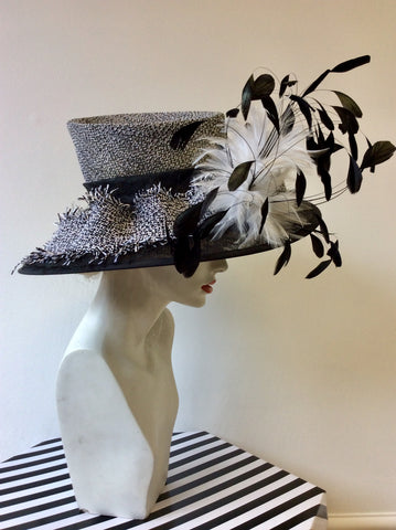 VICTORIA ANN BLACK & WHITE WEAVE WITH FEATHERS WIDE BRIM FORMAL HAT