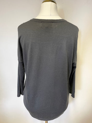 MARCUS JAMES FOR JIGSAW DARK GREY WOOL WITH SILK PRINT FRONT JUMPER SIZE L