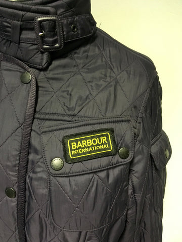 BARBOUR INTERNATIONAL AUBERGINE QUILTED BELTED JACKET SIZE 14
