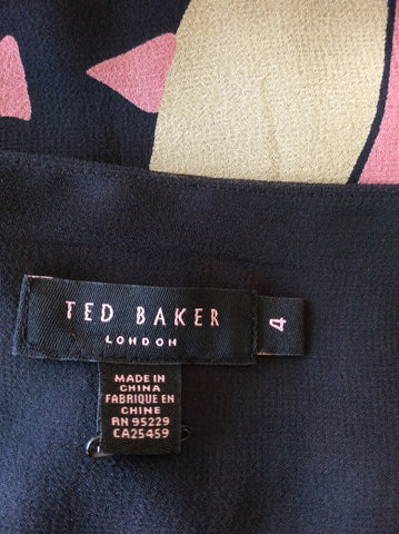 TED BAKER BLACK,PINK & BEIGE PRINT SILK DRESS SIZE 4 UK 14