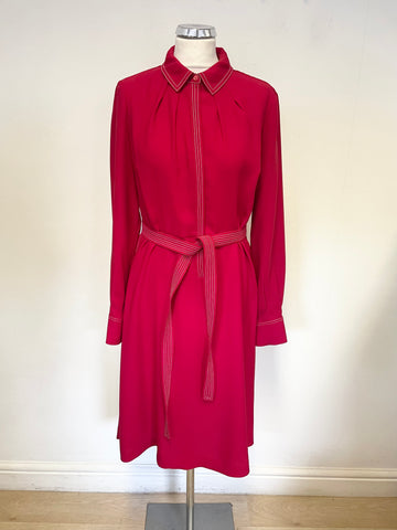 HOBBS RED WITH WHITE STITCH TRIM COLLARED LONG SLEEVE BELTED DRESS SIZE 12
