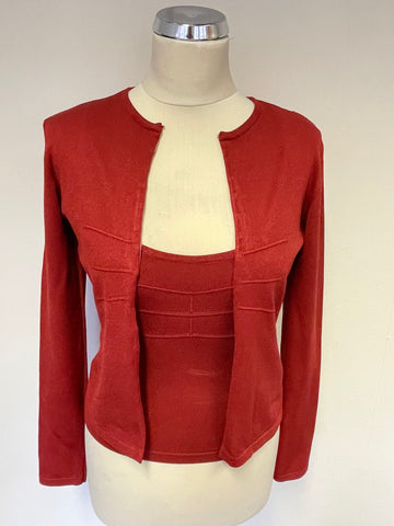 KAREN MILLEN DEEP RED FINE KNIT CAMISOLE TOP & MATCHING CARDIGAN SIZE 2 UK 10
