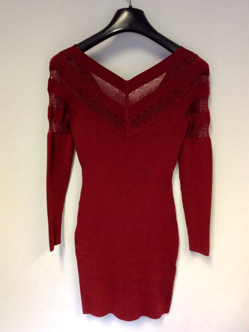 KAREN MILLEN RED LACE TRIM STRETCH BODYCON DRESS SIZE 1 UK 8/10