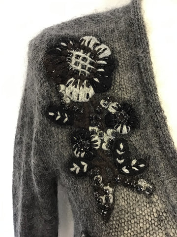 LUISA CERANO DARK GREY MOHAIR BLEND EMBELISHED TRIM V NECK JUMPER SIZE 12