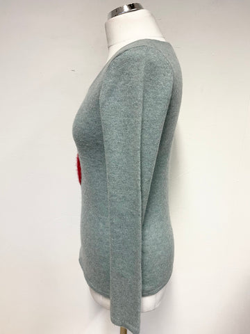 PURE COLLECTION DUCK EGG & RED HEART TRIM CASHMERE JUMPER SIZE 10