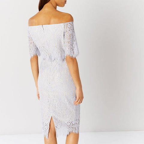 BRAND NEW COAST MARSHA SILVER GREY OFF SHOULDER LACE PENCIL DRESS SIZE 12