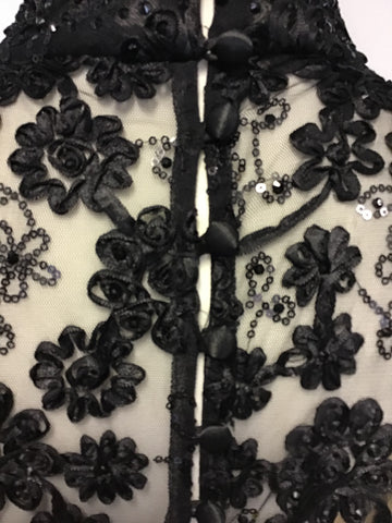 LORCAN MULLANY BY JACQUES VERT BLACK BEADED & SEQUINNED FRINGED EVENING DRESS SIZE 14