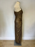 BIBA BRONZE METALLIC ONE SHOULDER GRECIAN STYLE LONG EVENING DRESS SIZE 16